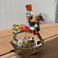 19cm Red & Silver Nutcracker On Rocking Horse Music Box (Flaws In Paint) image