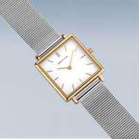 26mm Classic Collection Womens Watch With White Square Dial & Silver Milanese Strap & Gold Case By BERING image