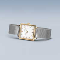 26mm Classic Collection Womens Watch With White Square Dial & Silver Milanese Strap & Gold Case By BERING image