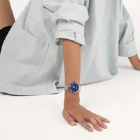 36mm Kahlo Silver Watch With Navy Blue Dial + Pink Band By Coluri image