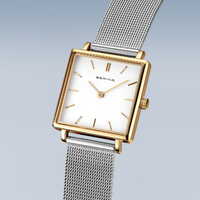 26mm Classic Collection Womens Watch With White Square Dial & Silver Milanese Strap & Gold Case By BERING image