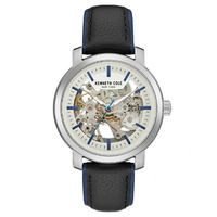 43mm Silver Automatic Mens Watch With Skeleton Dial & Black Leather Band By KENNETH COLE image