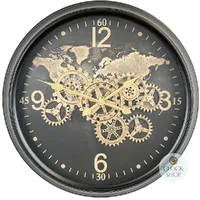 60cm Carta Black World Map Wall Clock With Moving Gears By COUNTRYFIELD image