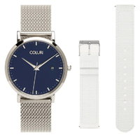 36mm Kahlo Silver Watch With Navy Blue Dial + White Band By Coluri image