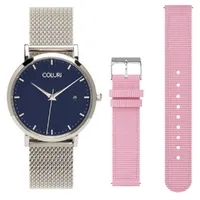 36mm Kahlo Silver Watch With Navy Blue Dial + Pink Band By Coluri image