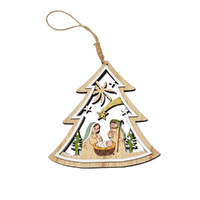 13cm Wooden Tree With Nativity Scene Hanging Decoration image