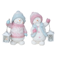 31cm Pink & Blue Snowman With Tealight Lantern- Assorted Designs image