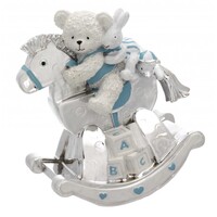 Blue & Silver Teddy On Rocking Horse Music Box (Twinkle Twinkle Little Star) image