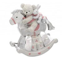 Pink & Silver Teddy On Rocking Horse Music Box (Twinkle Twinkle Little Star) image