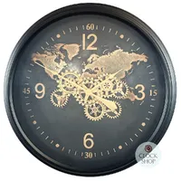 80cm Carta Black World Map Wall Clock With Moving Gears By COUNTRYFIELD image