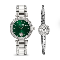 Gift Set- 36mm Brick Lane Crystal Silver Womens Watch With Green Dial & Bracelet By VERSACE image