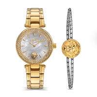 Gift Set- 36mm Brick Lane Crystal Gold Womens Watch With Silver Dial & Bracelet By VERSACE image