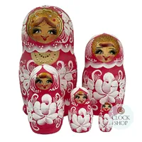 Floral Russian Dolls- Pink & White Matte Finish 16cm (Set Of 5) image