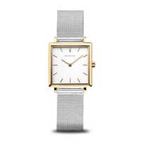 26mm Classic Collection Womens Watch With White Square Dial & Silver Milanese Strap & Gold Case By BERING image