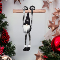 40cm Hanging Gnome With Black Stripey Clothes & Black Hat image