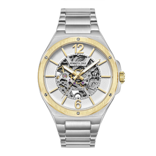 43mm Silver Automatic Mens Watch With Silver & Gold Skeleton Dial By KENNETH COLE