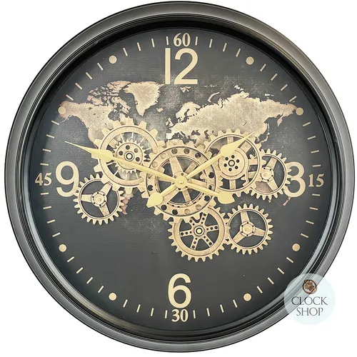 60cm Carta Black World Map Wall Clock With Moving Gears By COUNTRYFIELD