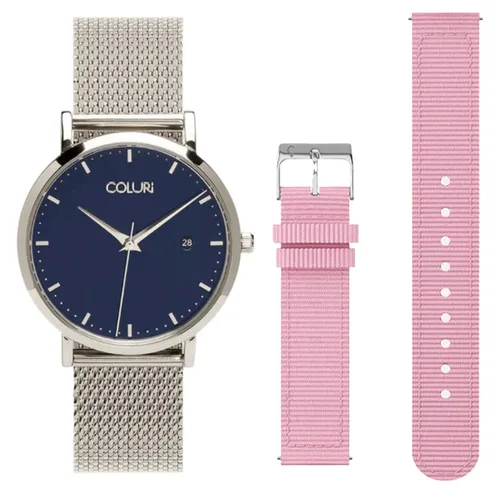 36mm Kahlo Silver Watch With Navy Blue Dial + Pink Band By Coluri