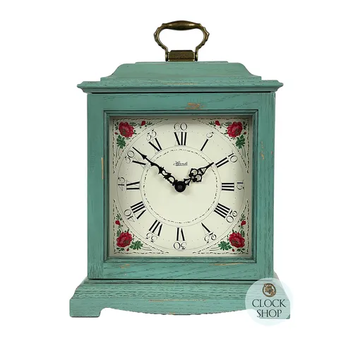 33cm Blue Battery Mantel Clock With Westminster Chime & Vintage Floral Dial By HERMLE