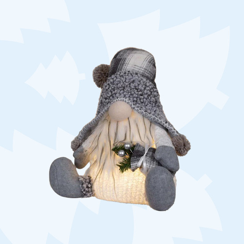 40cm LED Christmas Gnome With Tartan Hat - Grey