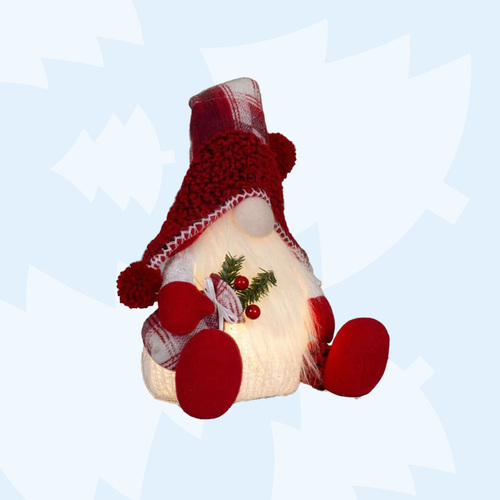 40cm LED Christmas Gnome With Tartan Hat - Red