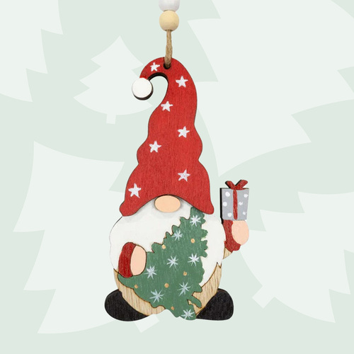 10cm Wooden Christmas Figurine Hanging Decoration- Gnome & Christmas Tree