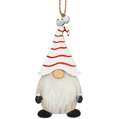 6cm Wooden Christmas Figurine Hanging Decoration- White Stripey Hat