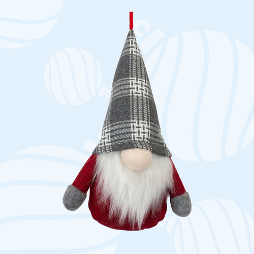 19cm Gnome With Tartan Hat Hanging Decoration - Grey Hat