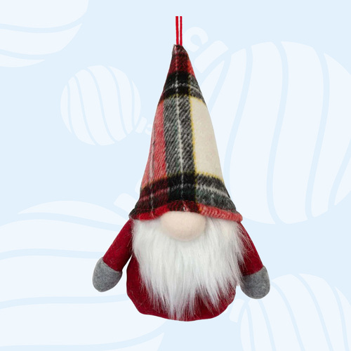 19cm Gnome With Tartan Hat Hanging Decoration - Red & Yellow Hat