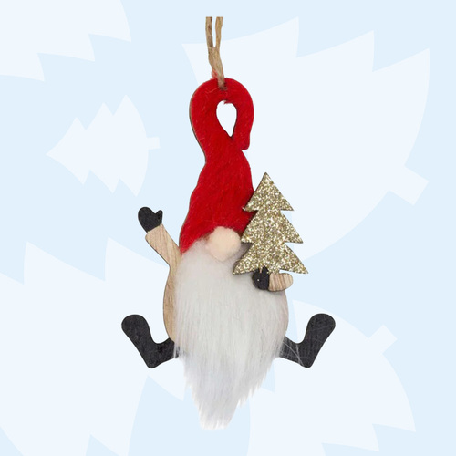 16cm Wooden Gnome With Fluffy Hat Christmas Hanging Decoration - Red