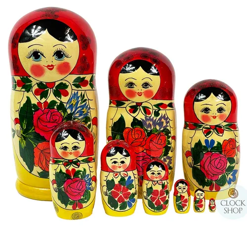 Semenov Russian Dolls- Red Scarf & Yellow Dress 24cm (Set Of 9)