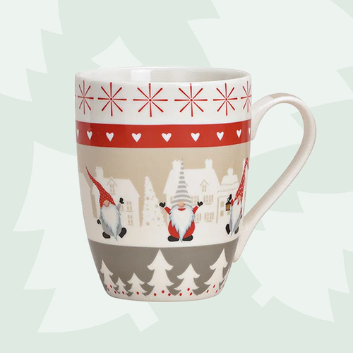 Beige Christmas Mug- Gnome With Buildings