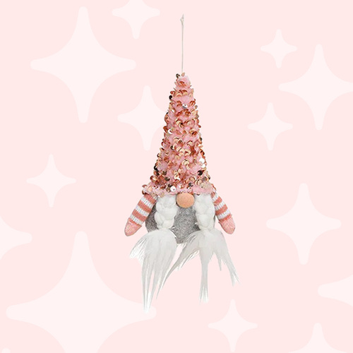 16cm Sequin Gnome Hanging Decoration- Pink Girl