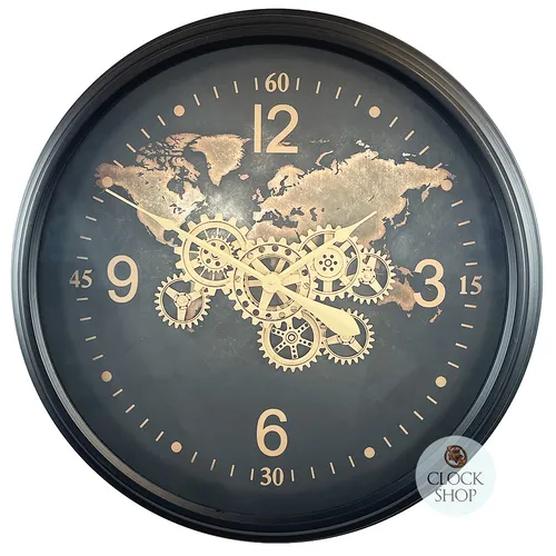 80cm Carta Black World Map Wall Clock With Moving Gears By COUNTRYFIELD