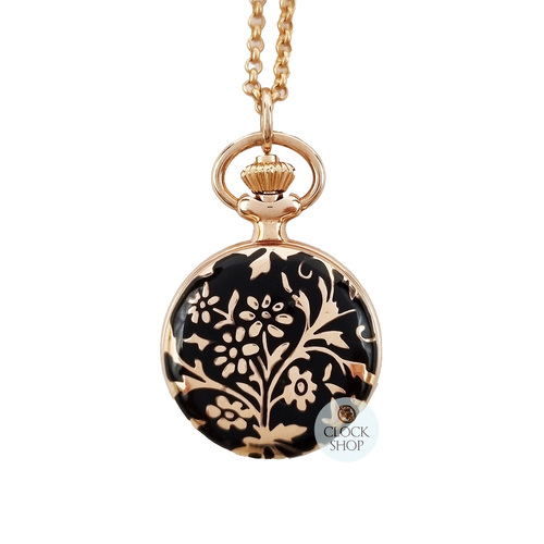 23mm Black & Rose Gold Womens Pendant Watch With Flowers By CLASSIQUE (Roman)