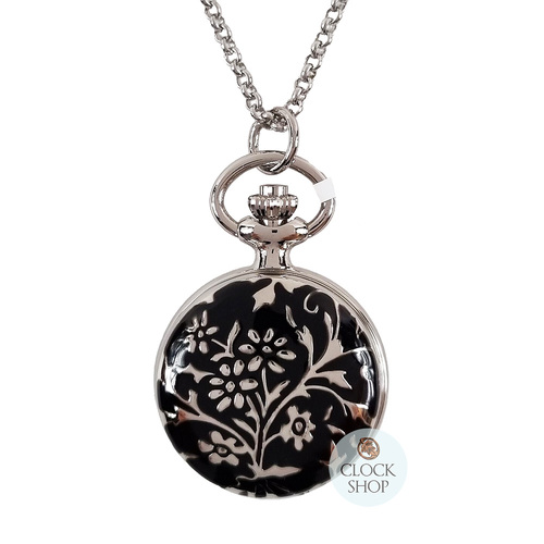 23mm Black & Rhodium Womens Pendant Watch With Flowers By CLASSIQUE (Roman)