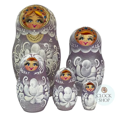 Floral Russian Dolls- Lilac & White Matte Finish 16cm (Set Of 5)