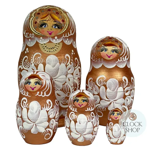 Floral Russian Dolls- Gold & White Matte Finish 16cm (Set Of 5)