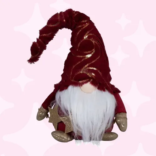 42cm Gnome With Burgundy Hat & Gold Stars