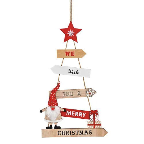 47cm Wooden Sign Red & Natural Christmas Tree Hanging Decoration