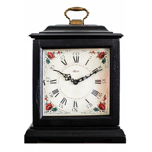 33cm Black Battery Mantel Clock With Westminster Chime & Vintage Floral Dial By HERMLE