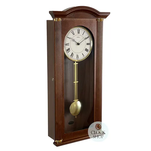 64cm Walnut Battery Chiming Wall Clock With Brass Accents By AMS