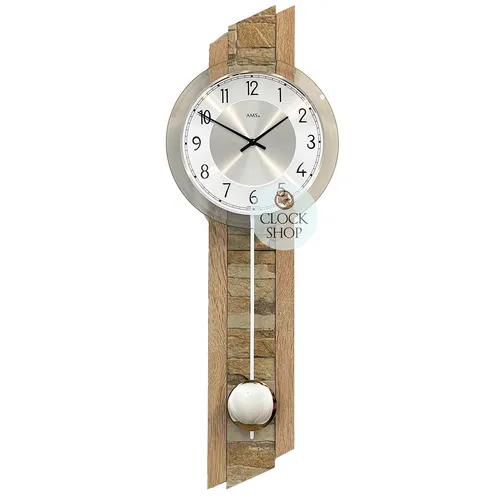 67cm Beech Pendulum Wall Clock With Stone Inlay & Silver Dial By AMS