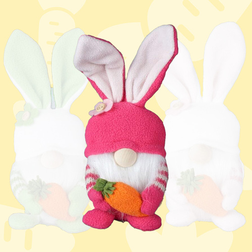 22cm Bunny Gnome With Carrot - Dark Pink