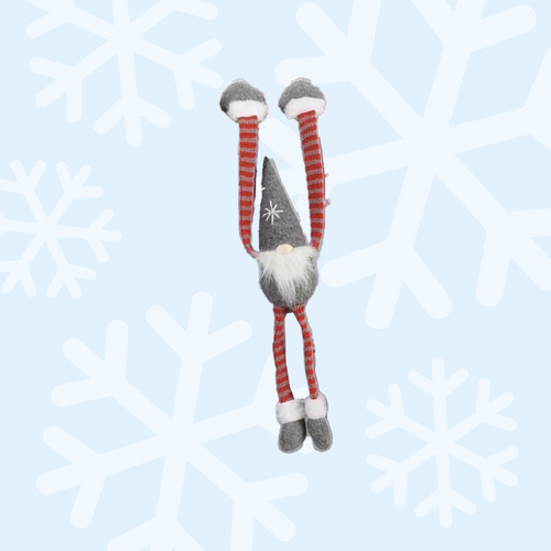 40cm Hanging Gnome With Red Stripey Clothes & Grey Hat